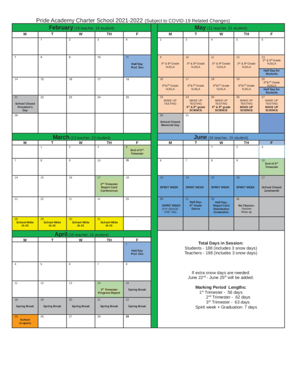 School Calendar 20212022 Pride Academy